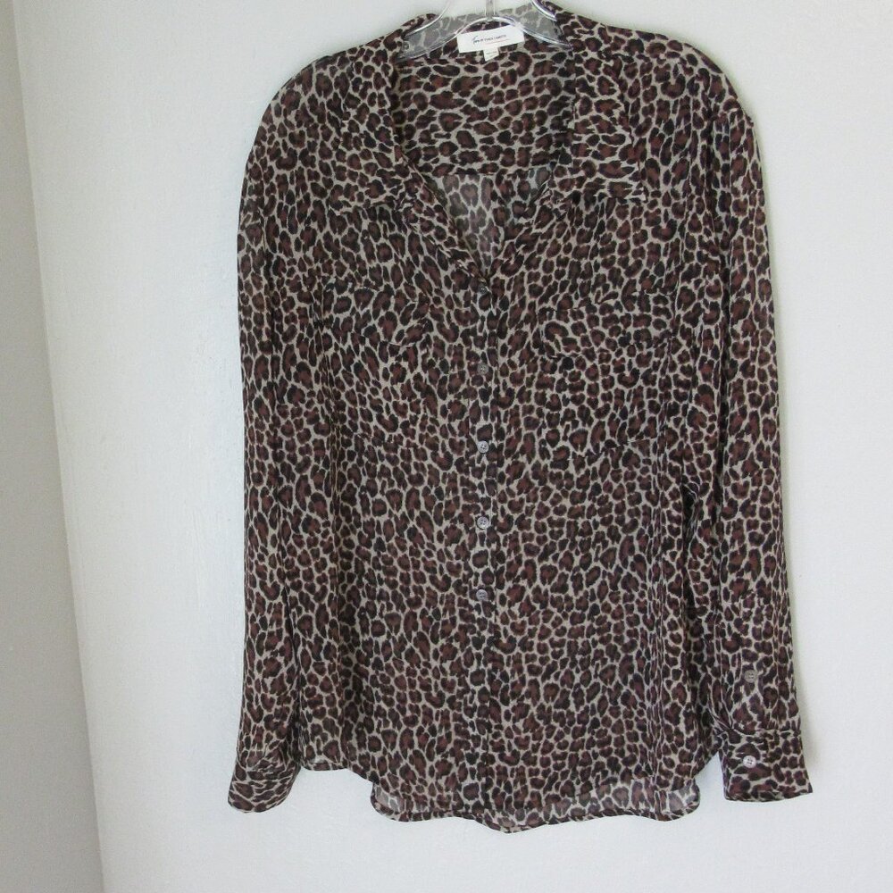 VINCE CAMUTO Black & Brown Animal Print Sheer XL Button Collared Pockets Blouse